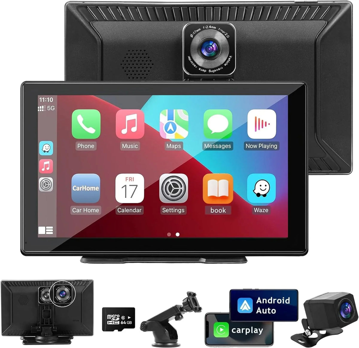 Portable Wireless Carplay Car Stereo with 2.5K Dash Cam - 9"   Screen, Android Auto, 1080p Backup Camera, Loop Recording, Bluetooth,  Navigation Head Unit, Car Radio Receiver