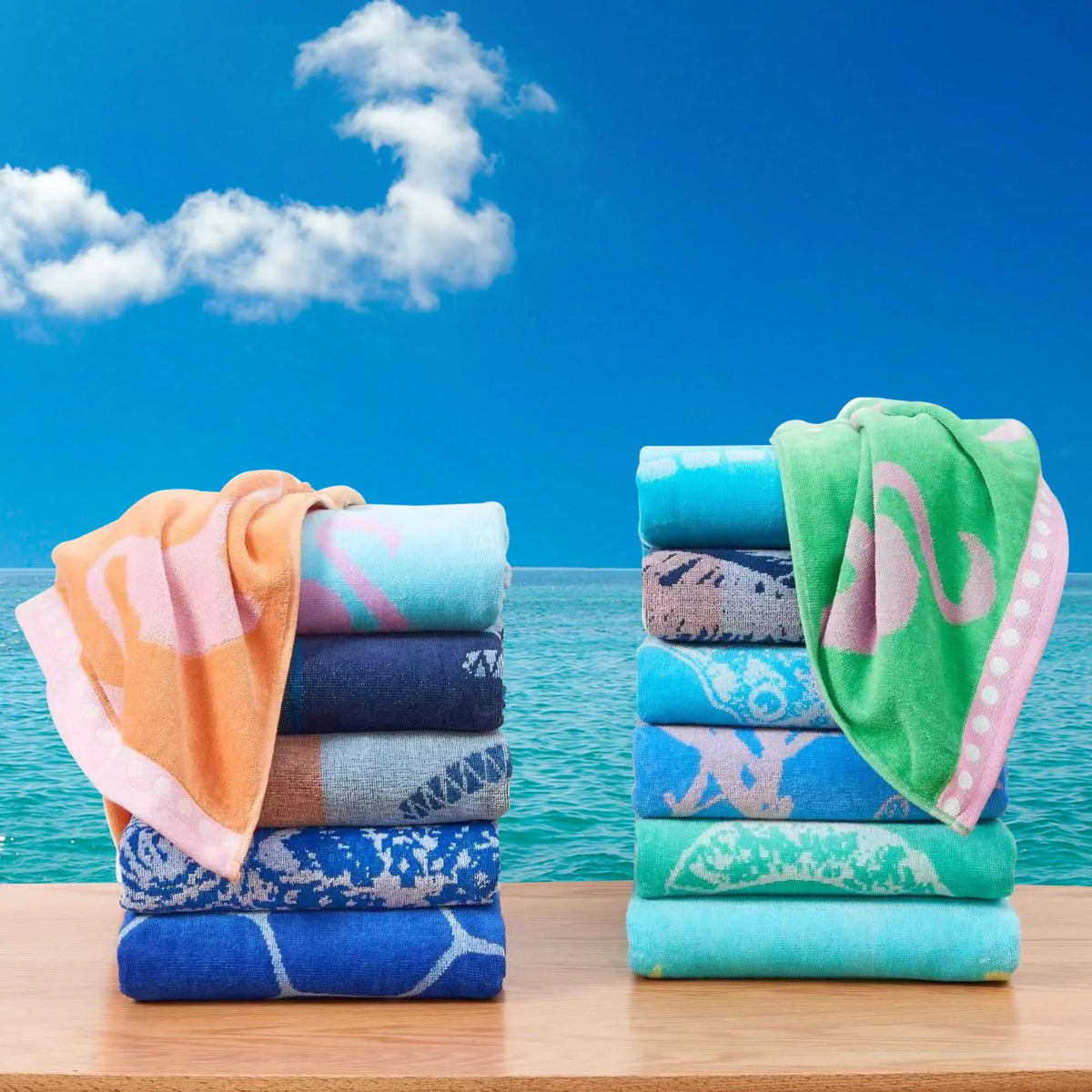 Great Bay Home Cotton Printed 2-Pack Beach Towel  (2 Pack - 30" x 60", Seahorse Blue / Yellow)