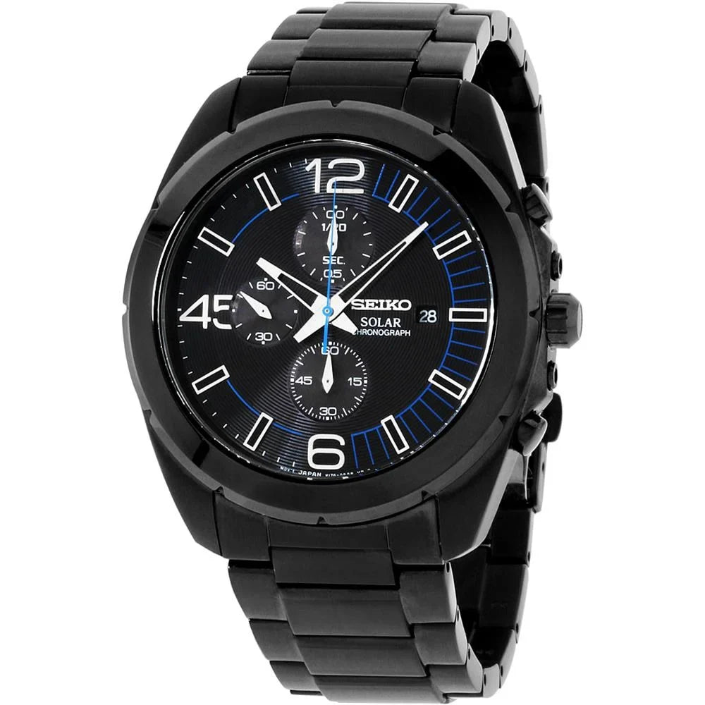 Seiko Men's Solar Chronograph Stainless Watch - Black Bracelet - Black Dial - SSC203