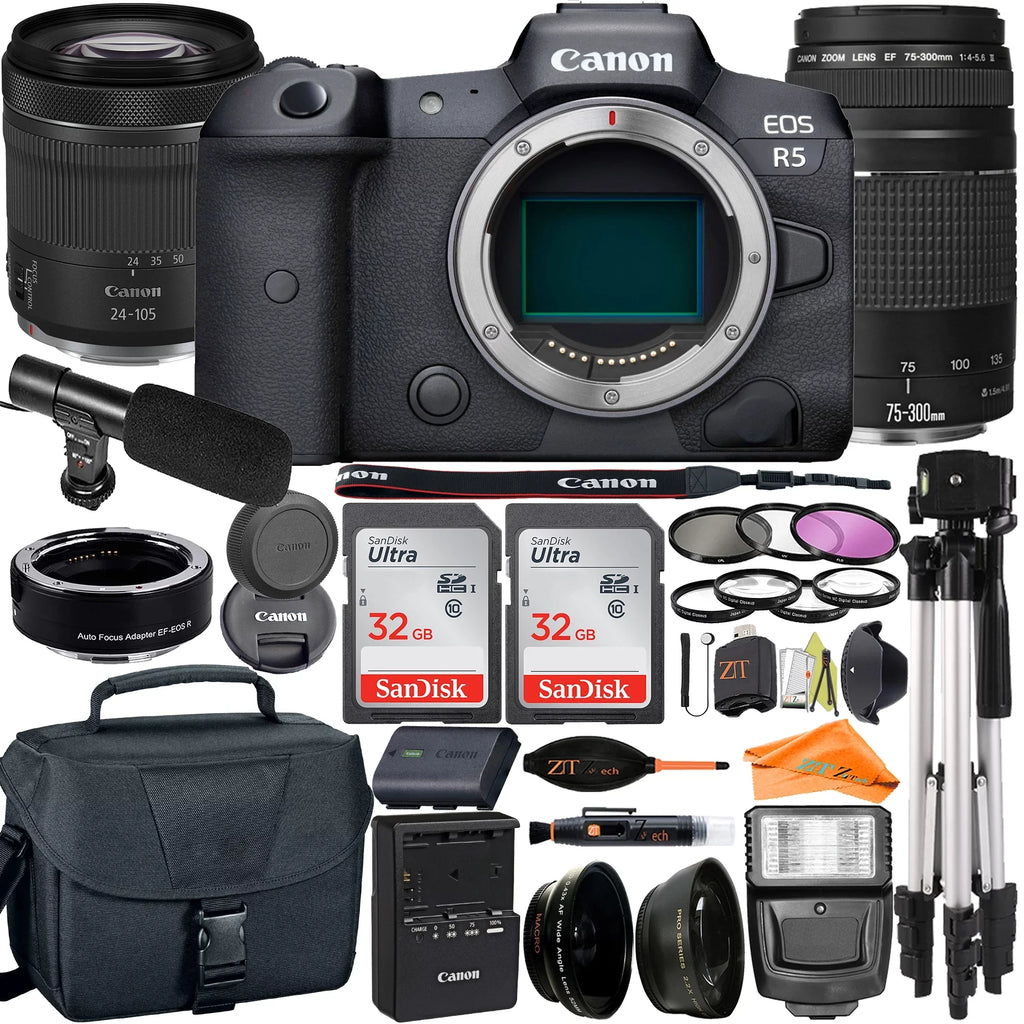 Canon  R5 Mirrorless Camera with RF24-105mm + 75-300mm Lens + Mount Adapter + 2 Pack SanDisk 32GB + ZeeTech Accessory