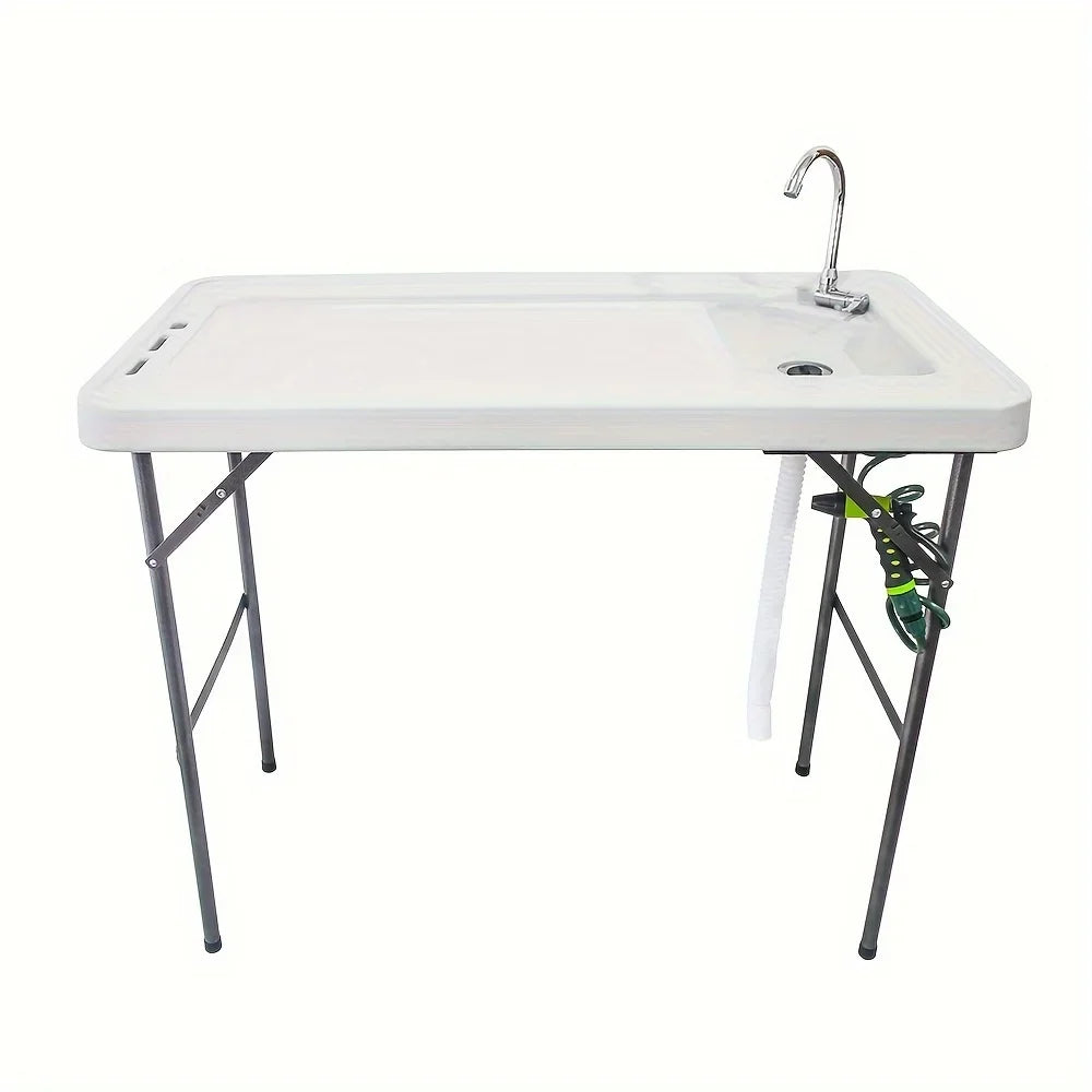 Portable Fish Cleaning Table,Outdoor Folding Multifunctional Fish Table Picnic Table with Spray Gun & Faucet for Camping Picnic Kitchen Garden,White