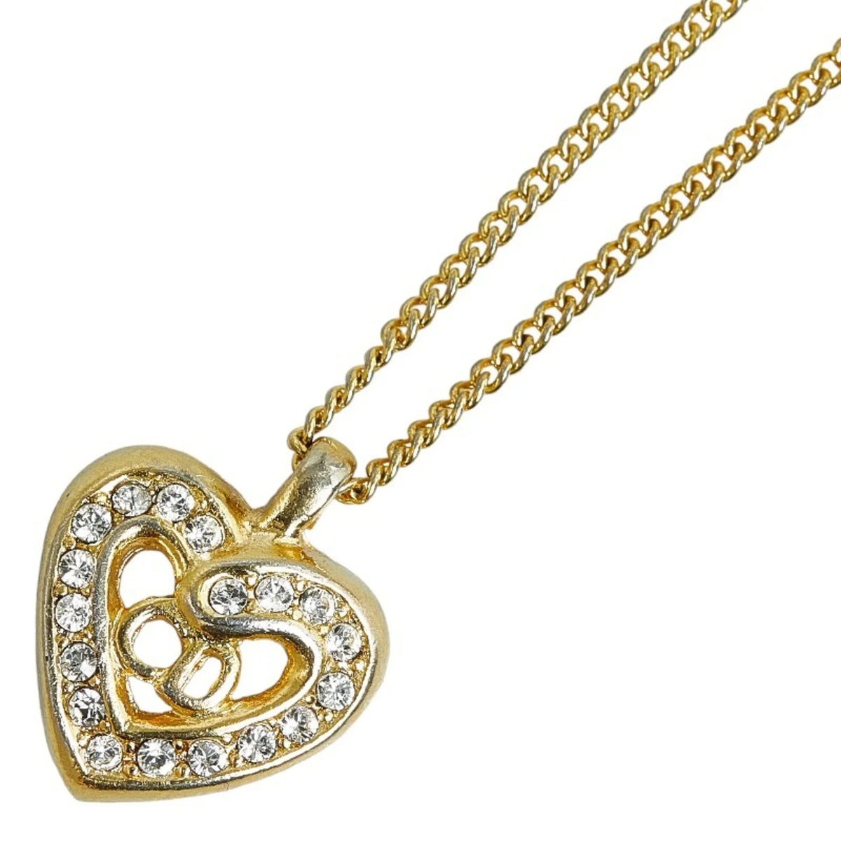 Pre-Owned Christian Dior Dior  Heart Rhinestone Necklace Gold Plated Women's (Good)
