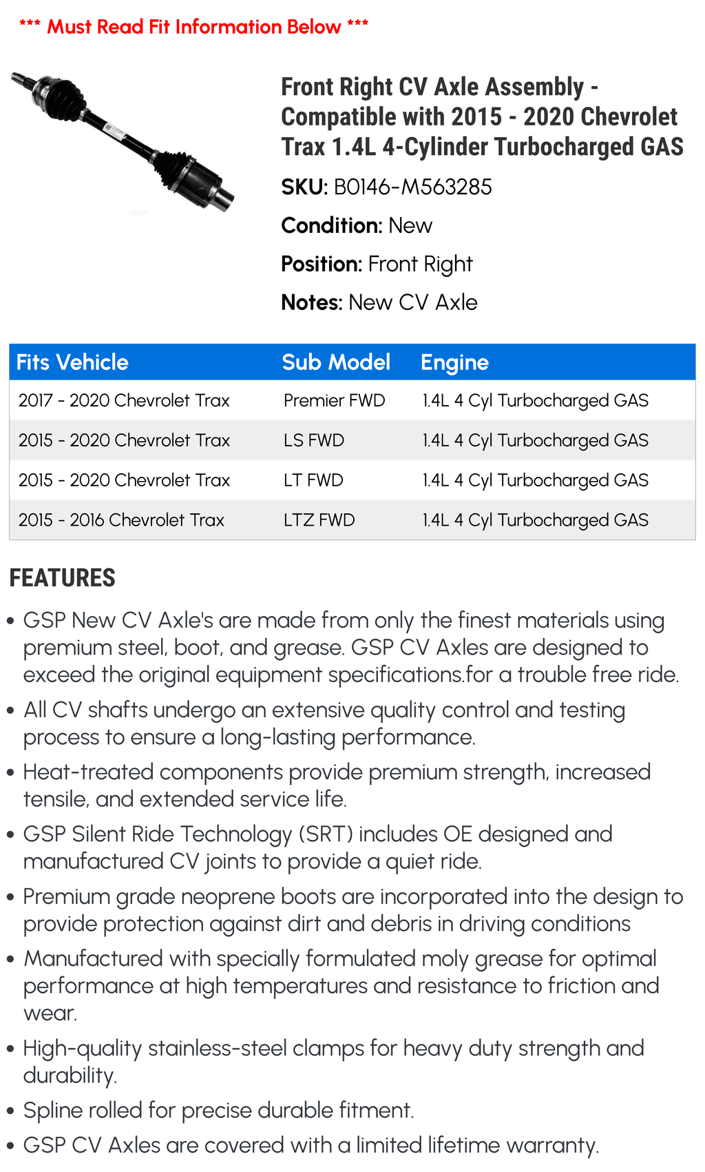Front Right  Axle Assembly - Compatible with 2015 - 2020 Chevy Trax 1.4L 4-Cylinder Turbocharged  2016 2017 2018 2019