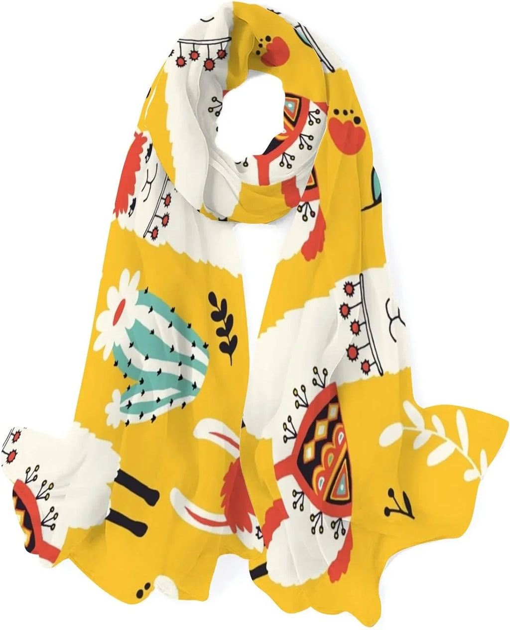 Hyjoy Lovely Llamas Flowers And Cacti Long Silk Neck Scarf Lightweight Shawl Wrap Scarves for Women Girls
