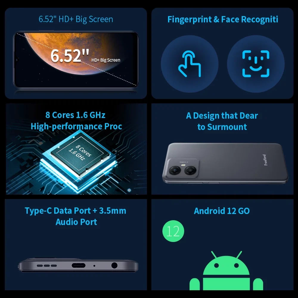 FreeYond F9 Smartphone, +6.52" Display Dual Sim, Battery 5000 MAh, 64GB/128GB Rom, Real Dual Camera 13+8MP With 2MP Macro