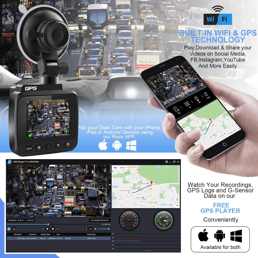 4K Dash Cam for Cars, Dash Cam Front and Rear with Night Vision, 2160P  Car Camera, 170° Wide Angle Driving Recorder with G-Sensor, Parking Monitor, Loop Recording, , Built-in WiFi &