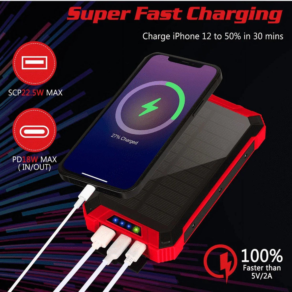 Solar Power Bank 20000mAh Built-in 4 Cables Qi Wireless Charger For Ulefone Armor 9 with  Flashlight Solar Portable External Battery IPX4 Waterproof 15W 5V/3A  C Port 6 Outputs 3 Inputs
