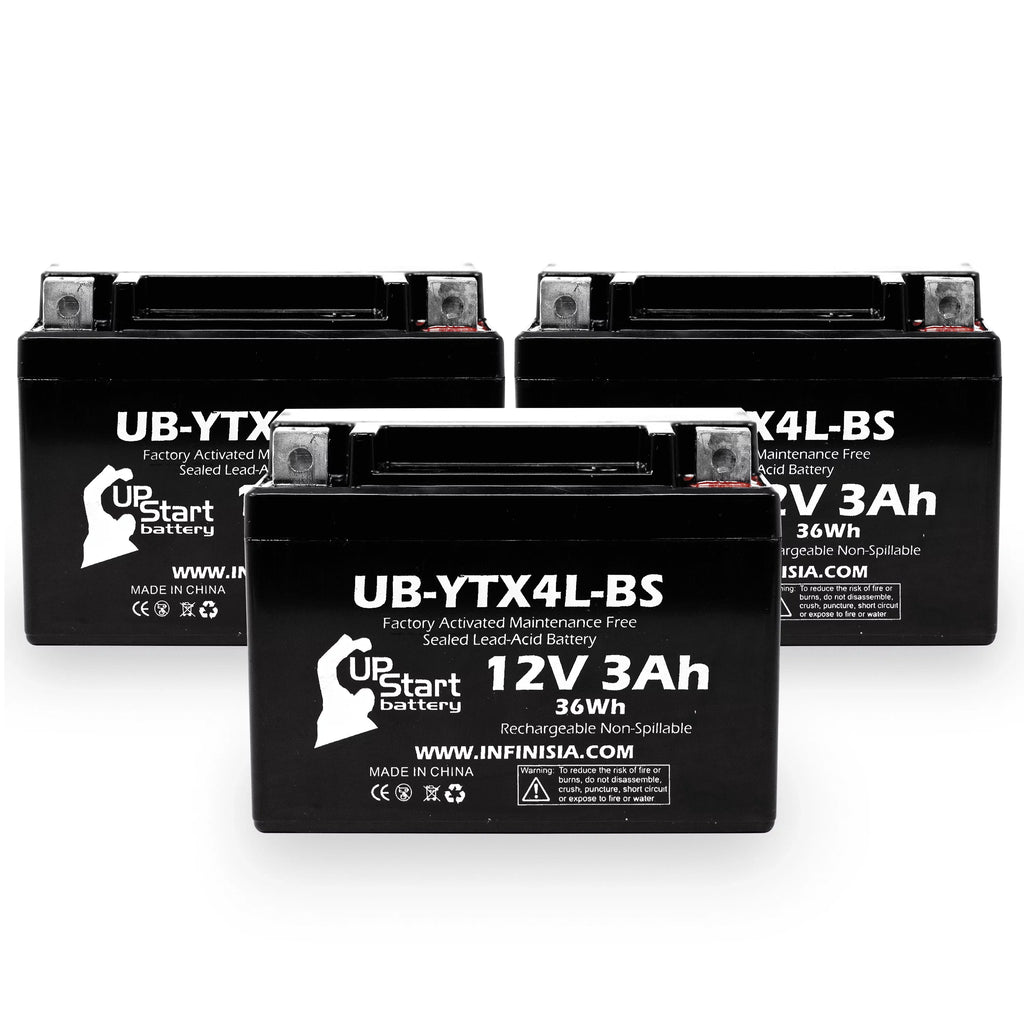 3-Pack UpStart Battery Replacement for 2002 Bombardier (Can-Am) DS90, DS90F, Quest 90CC Factory Activated, Maintenance Free,  Battery - 12V, 3Ah, -YTX4L-