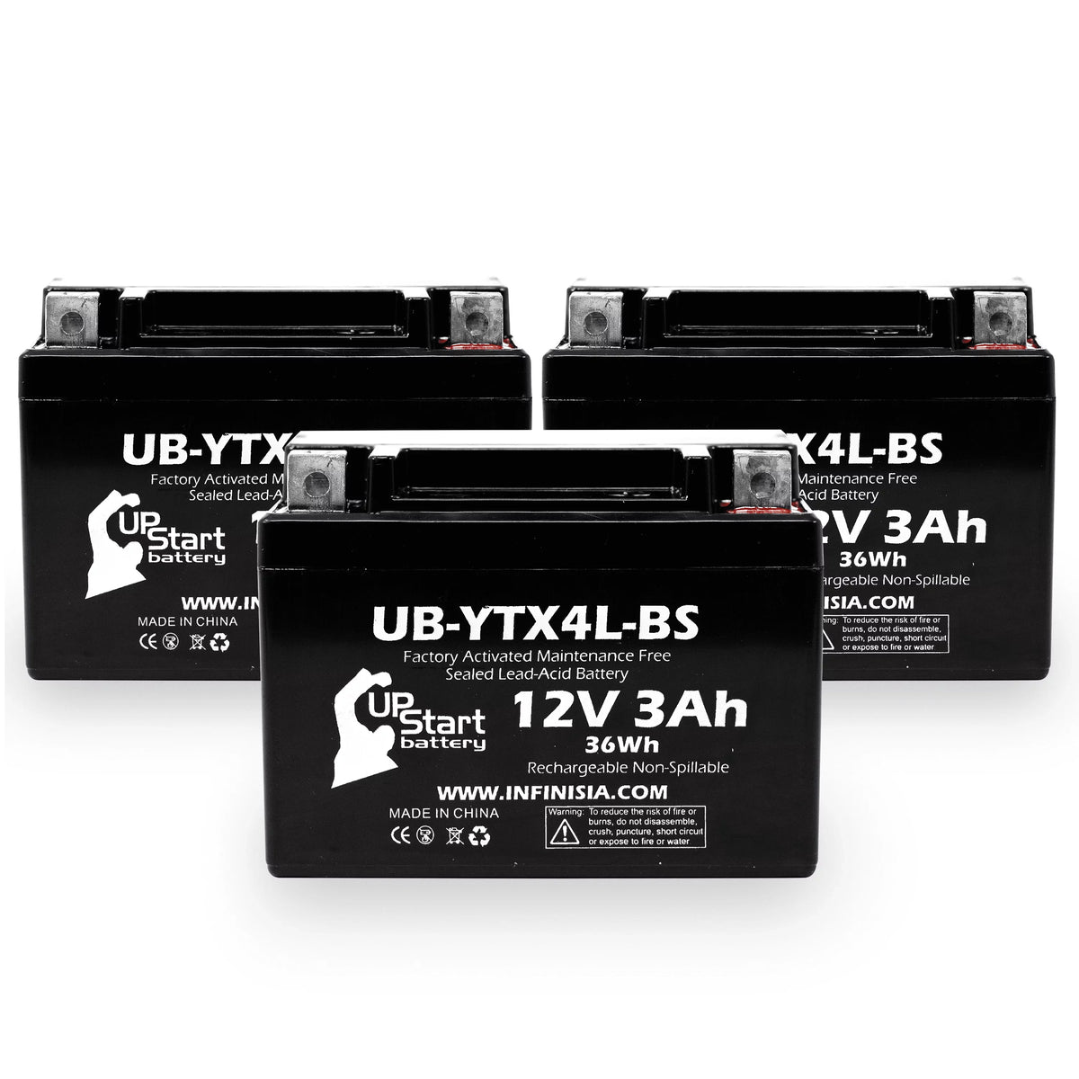 3-Pack UpStart Battery Replacement for 2002 Bombardier (Can-Am) DS90, DS90F, Quest 90CC Factory Activated, Maintenance Free,  Battery - 12V, 3Ah, -YTX4L-
