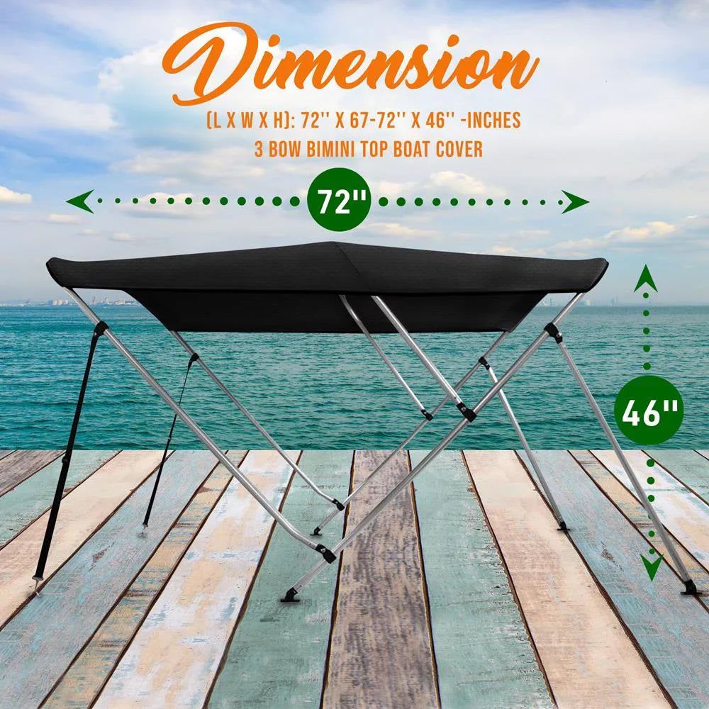 SereneLife 3 Bow 67-72 Inch Bimini Top Boat Cover with Double Walled Frame, Gray