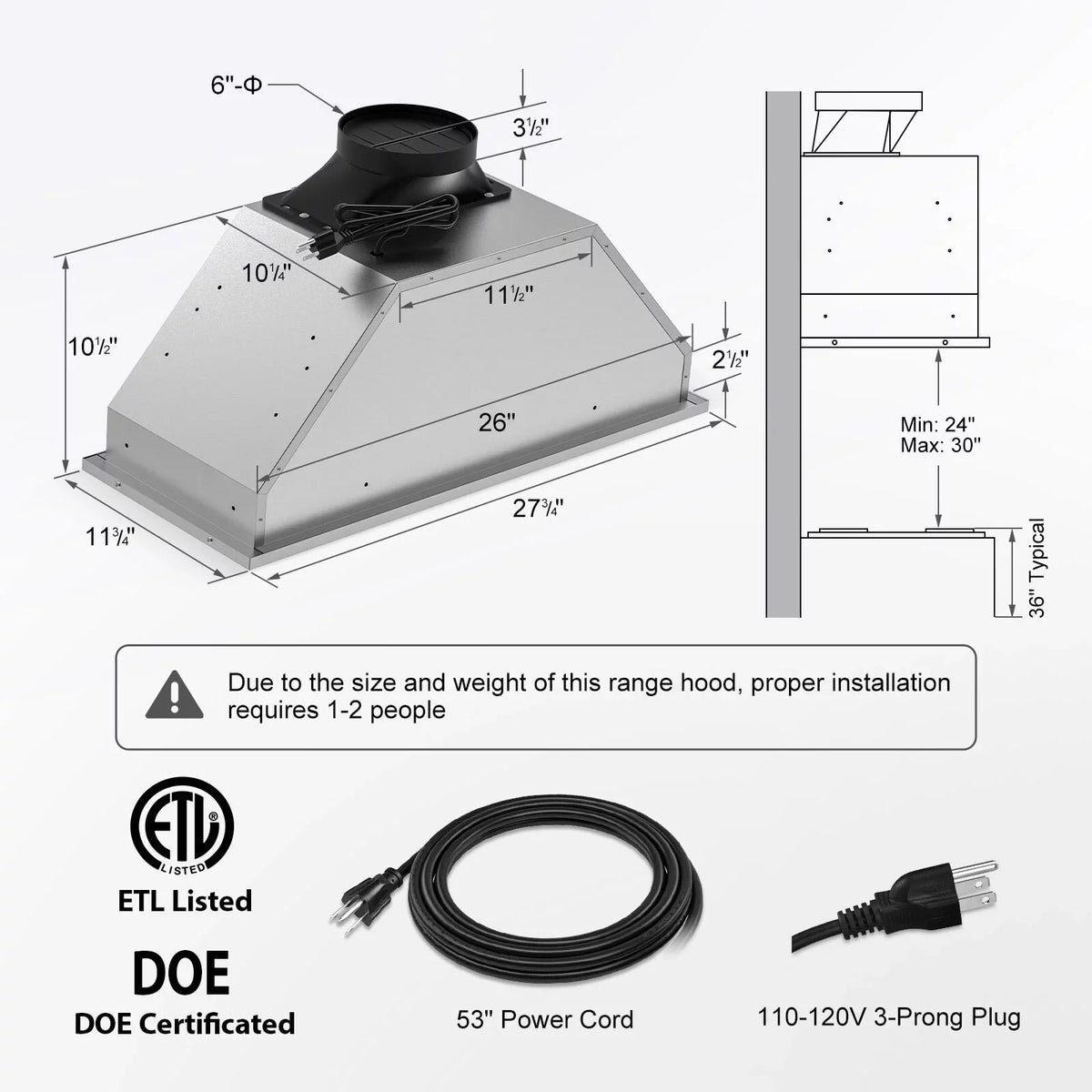 30" Under Cabinet Range Hood Kitchen Stove Vent Hood, with 900 , 4 Speed Gesture Sensing&Touch Control Panel