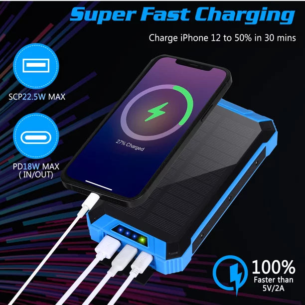 Solar Power Bank 20000mAh Built-in 4 Cables Qi Wireless Charger For Ulefone Armor Mini 2 with  Flashlight Solar Portable External Battery IPX4 Waterproof 15W 5V/3A  C Port 6 Outputs 3 Inputs
