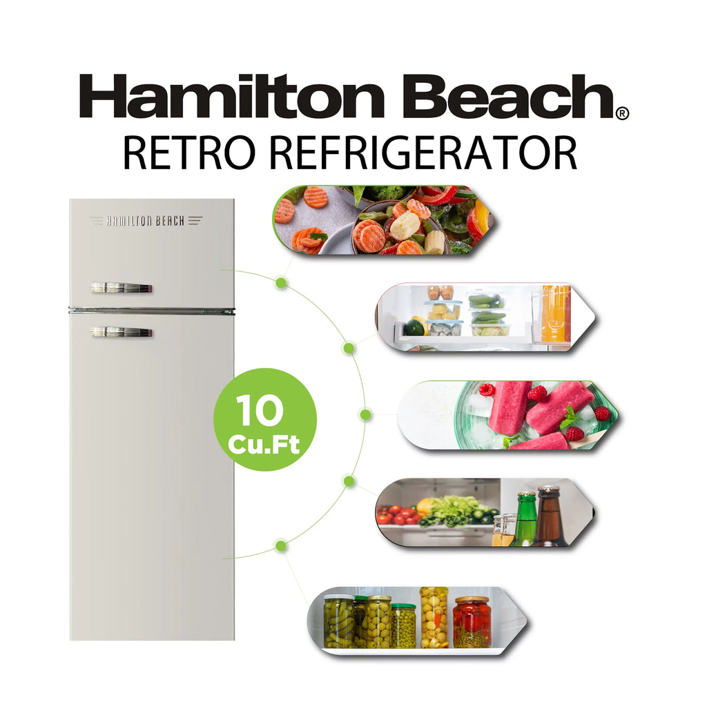 Hamilton Beach 10 Cu Ft Retro 2 Door Refrigerator, 5 Door Shelves,  Free, Cream, HBF1050, Adjustable Thermostat Control
