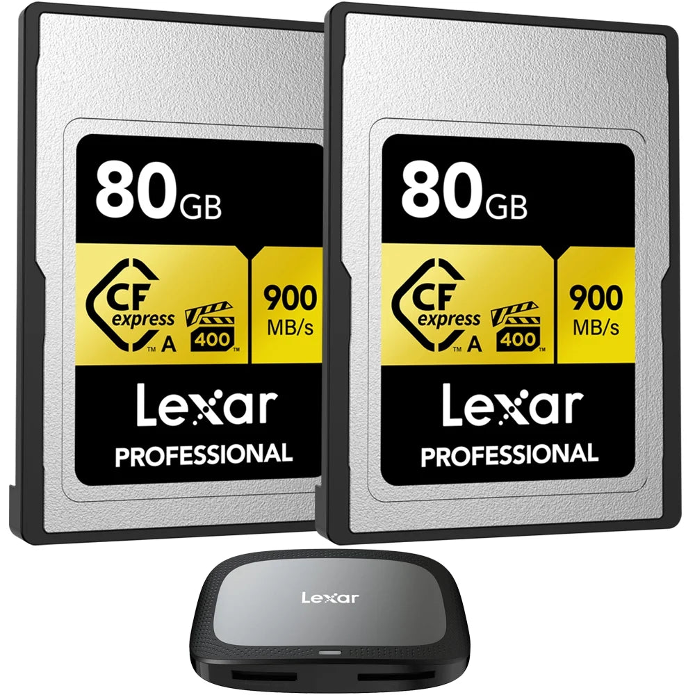 Lexar CFexpress Type A Pro Gold R900/W800 Memory Card, 80GB (2-Pack) Bundle with Lexar Professional CFexpress Type A/  3.2 Gen 2x2 Reader