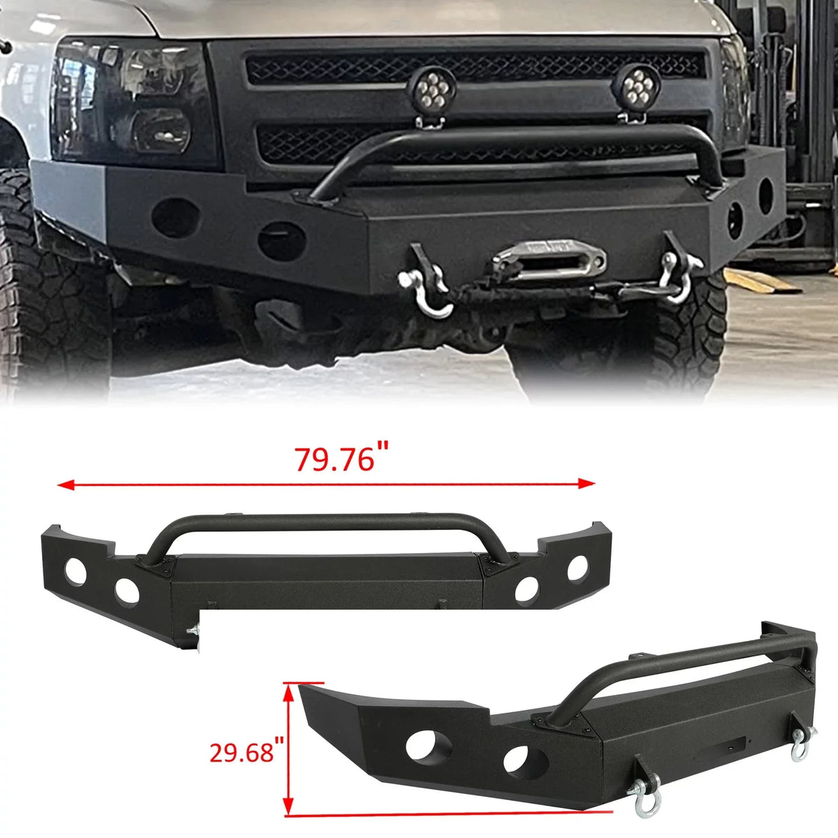 Front Bumper W/ D-Rings for 2007-2013 Chevy Silverado 1500 Push Bar 3-Piece Modular 2008 2009 2010 2011 2012 2013