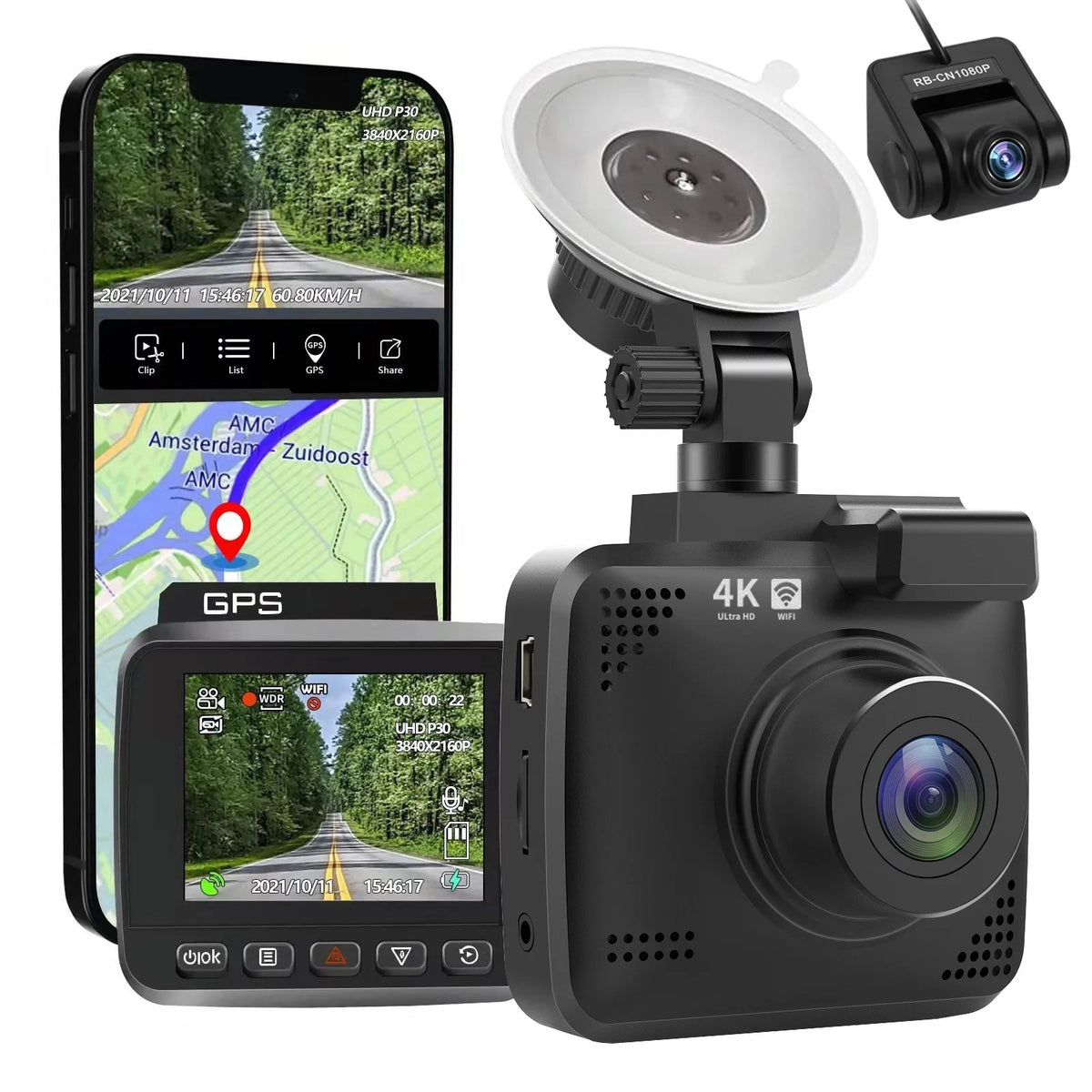4K Dash Cam for Cars, Dash Cam Front and Rear with Night Vision, 2160P  Car Camera, 170° Wide Angle Driving Recorder with G-Sensor, Parking Monitor, Loop Recording, , Built-in WiFi &