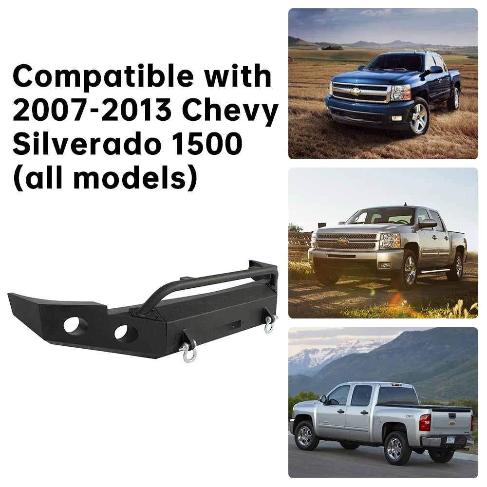 Front Bumper W/ D-Rings for 2007-2013 Chevy Silverado 1500 Push Bar 3-Piece Modular 2008 2009 2010 2011 2012 2013