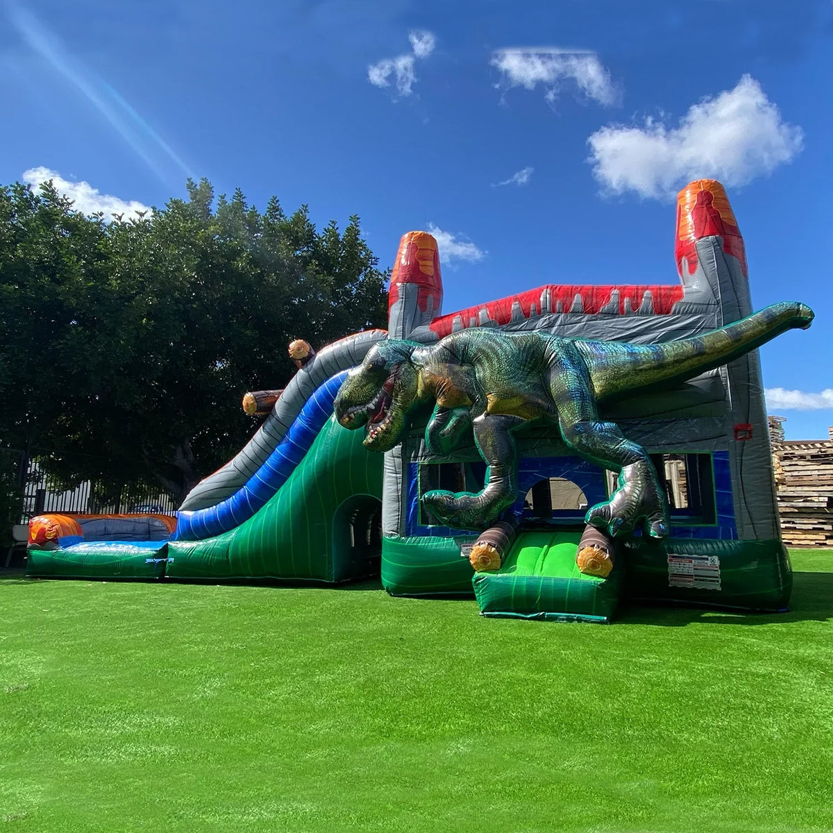T-Rex Dinosaur Inflatable Water Slide Bounce House Combo with Splash Pool for Kids and Adults (with Air Blower), Commercial Grade