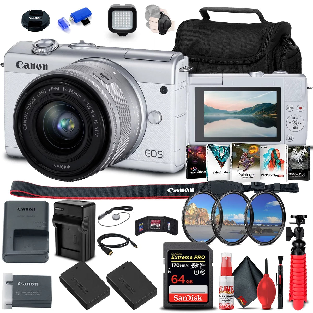 Canon  M200 Mirrorless Camera with 15-45mm Lens (White) (3700C009) + 64GB Memory Card + Filter Kit + 2 x LPE12 Battery + External Charger + Card Reader +  Light + Corel Photo Software + More