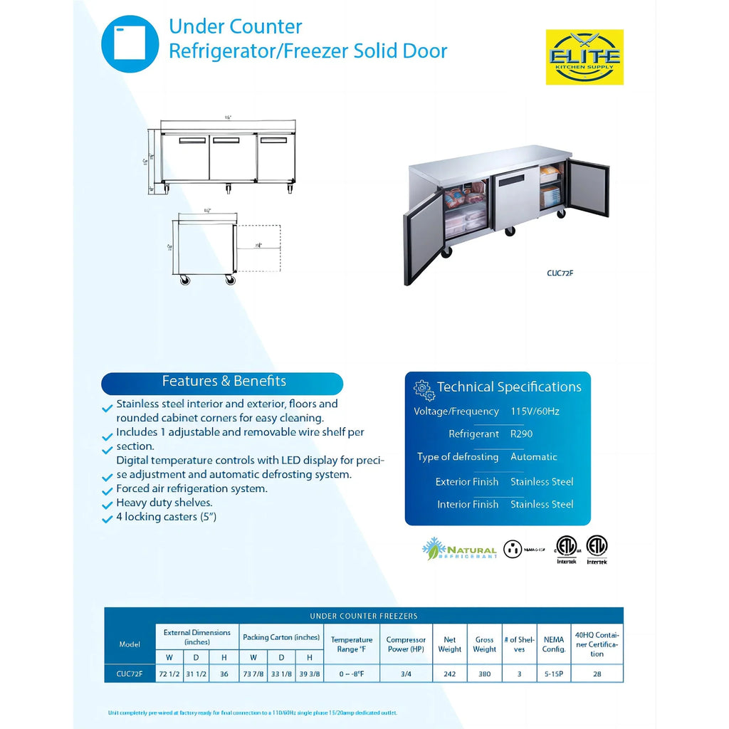 72 in. Commercial Undercounter Freezer 19 Cu.Ft. Stainless Steel Three-Door Commercial Freezer Heavy Duty