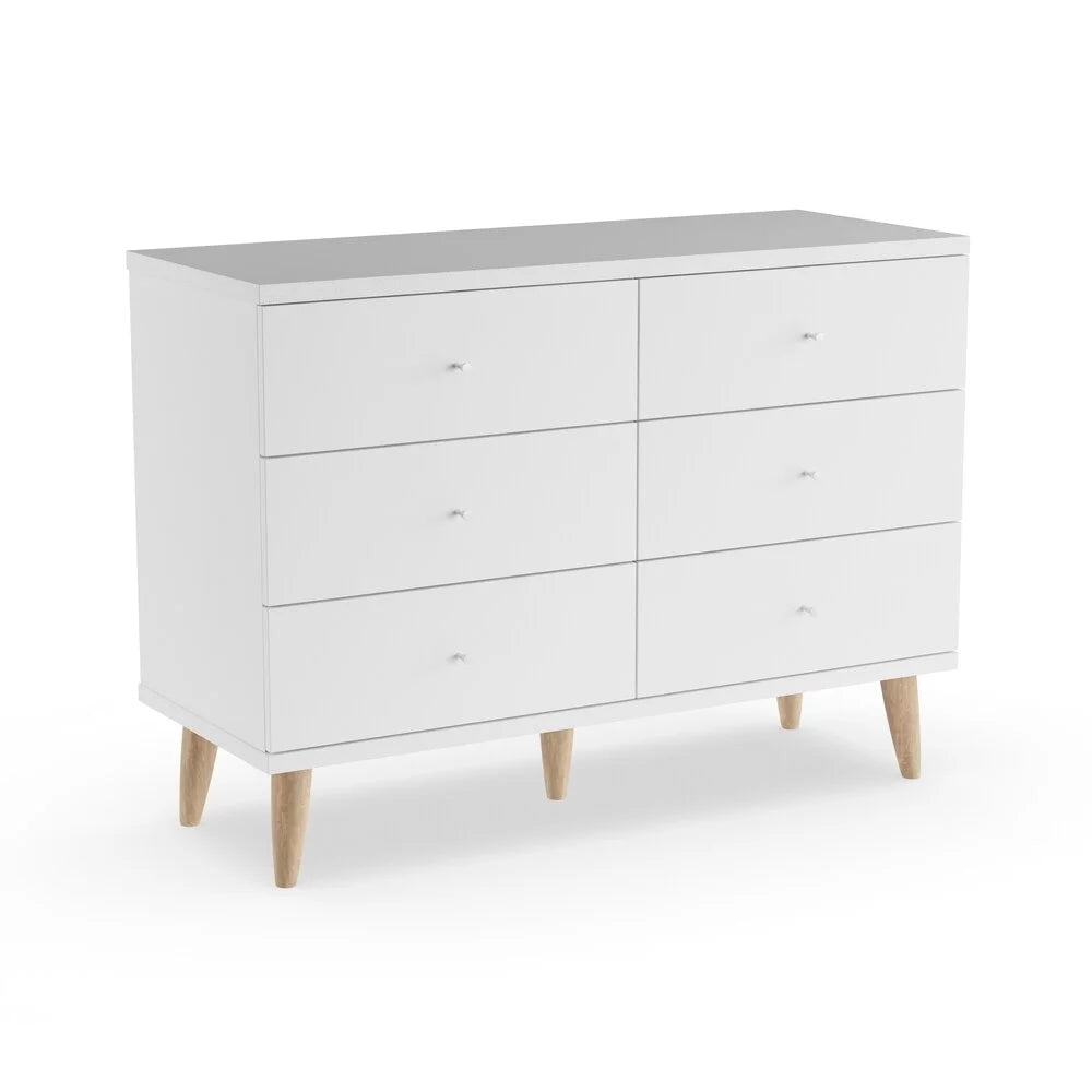 Denhour   Mid-Century Modern White 47-inch Wide 6-Drawer Dresser with Knobs by