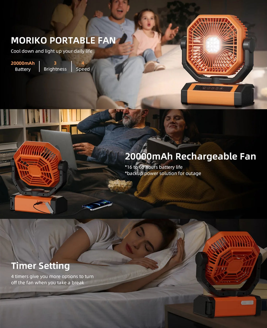 Portable Cordless Fan 20000mAh Rechargeable Battery Powered Ventilator w/  Lantern, Remote, Hook, Timer, 270° Pivot 90° Oscillating 4 Speed Brushless Motor, Outdoor Jobsite Garage Patio Fan