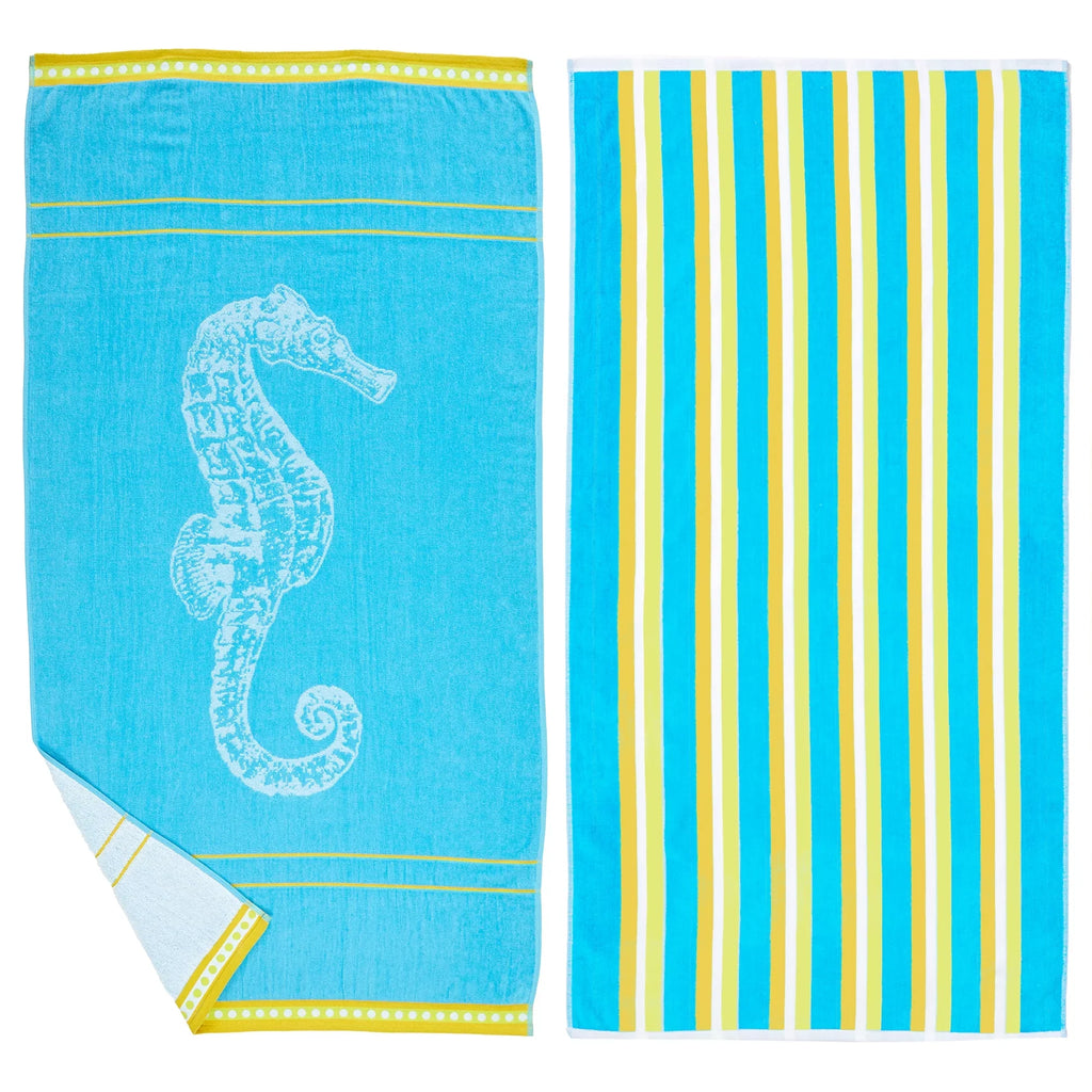 Great Bay Home Cotton Printed 2-Pack Beach Towel  (2 Pack - 30" x 60", Seahorse Blue / Yellow)