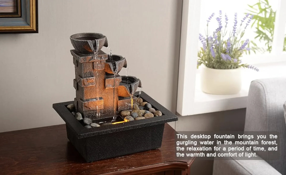 Home Décor Imitation 3-Tier Stone Wall Tabletop Fountain Many Natural River Rock Office Relaxing Waterfall Meditation Tabletop Fountain  Lights Fountain(22070)
