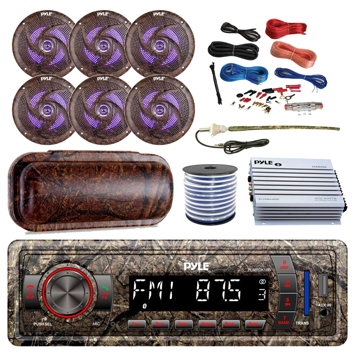 Pyle Marine  Bluetooth MP3   Camo / Radio, 6x 6.5" Waterproof Camouflage  Speakers, Elite Series 4-Channel Amplifier, Stereo Cover, Enrock Antenna, 18-G 50 Ft Wire, Amp Install Kit