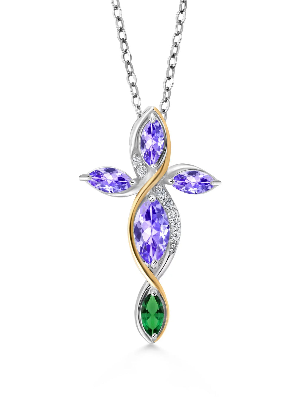 Gem Stone King 925 Silver and 10K Yellow Gold Marquise Blue Tanzanite Green Nano Emerald and Lab Grown Diamond Cross Pendant Necklace For Women (1.48 Cttw, with 18 inch Chain)