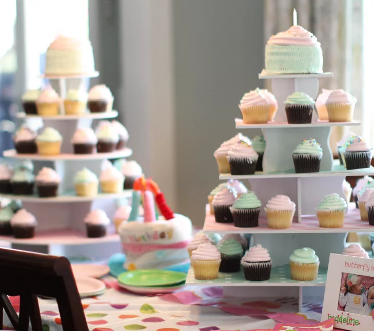 The Smart Baker - Adjustable, Reusable 5 Tier Round Cupcake & Dessert Tower Display Stand, White - Holds up to 90+ Cupcakes | Weddings, Parties, Holidays, Baby Showers and More!