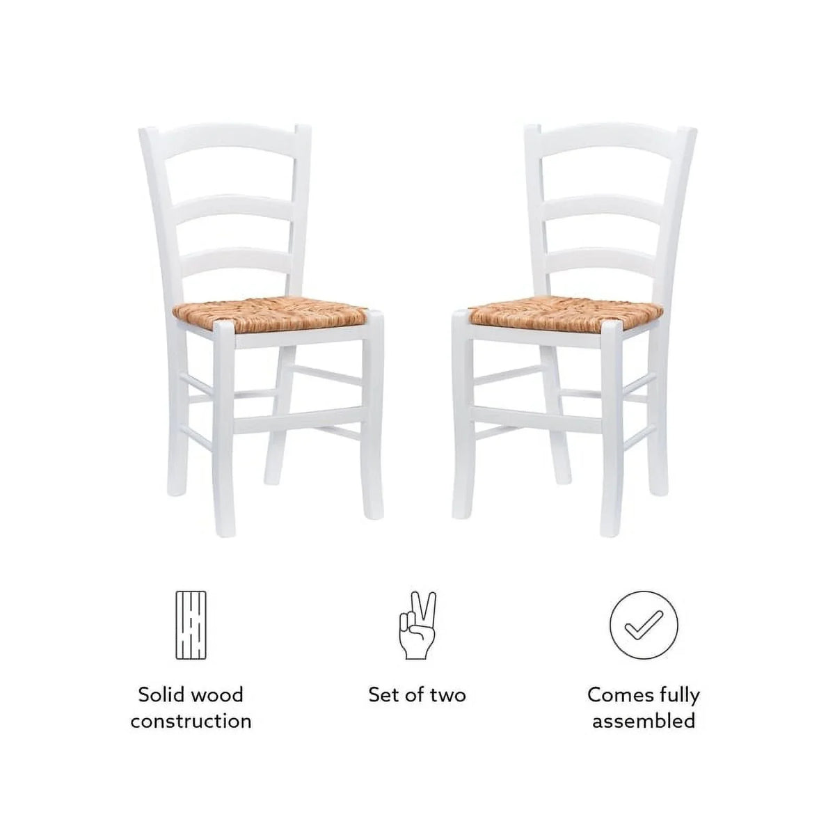 Linon Karsyn Set of Two Wood Side Chairs Ladder Back Rush Seat in White Finish