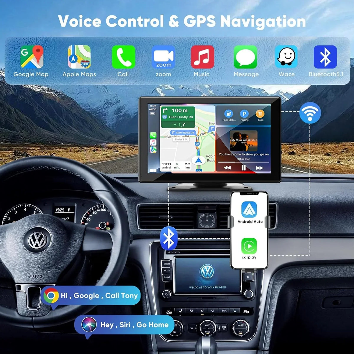 Portable Wireless Carplay Car Stereo with 2.5K Dash Cam - 9"   Screen, Android Auto, 1080p Backup Camera, Loop Recording, Bluetooth,  Navigation Head Unit, Car Radio Receiver