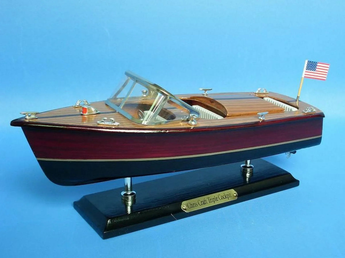 Handcrafted Model Ships Triple Cockpit 14 Chris Craft Triple Cockpit 14 in. Decorative Speed Boat
