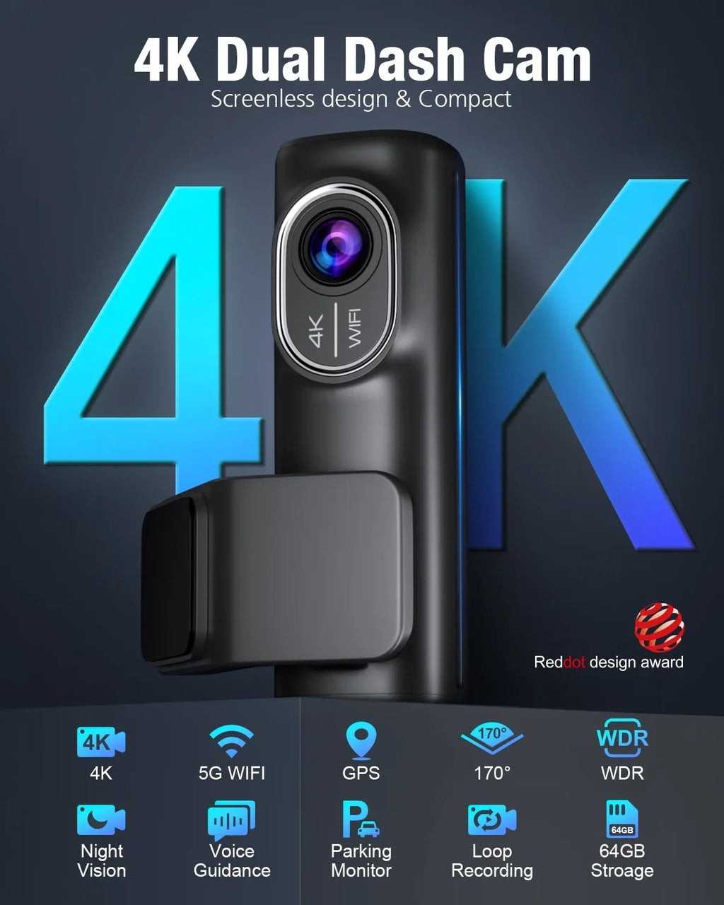 Dual Dash Cam Front and Rear,  4K 1080P 5G WiFi &  Full  Car Dashcam with 64G  Card,  Night Vision, 24h Parking Mode, 170°Wide, G-Sensor, Loop Recording,